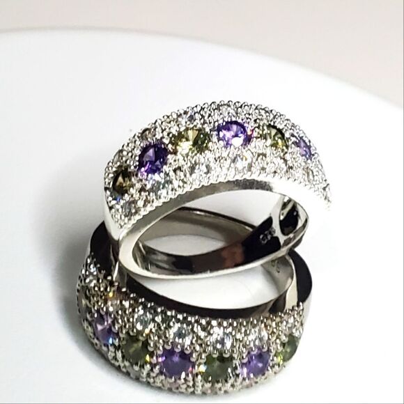 Green & Blue Diamonds Baguette White Diamonds Ring on 925 Silver Ring - Picture 5 of 7